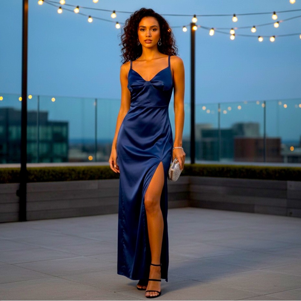 The Edit Navy Blue Satin Structured Slip Maxi Dress With Side Slit Size S BNWT